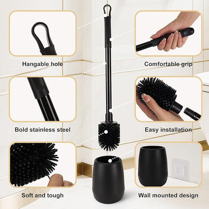 Silicone Toilet Bowl Brush and Holder 2 Pack Long Handle Toilet Brush for Bathroom Flexible Silicone Toilet Brush Set for Domestic Deep Cleaning Under Rims （Black）