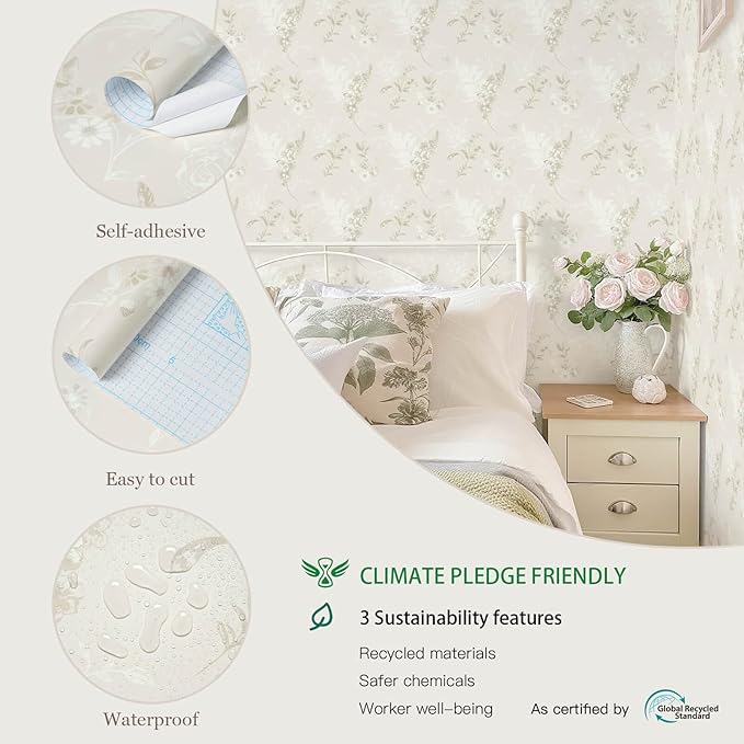 Heroad Beige Wallpaper Floral Peel and Stick Wallpaper Delicate Flower Contact Paper for Cabinets Drawers Waterproof Removable Wall Paper Self Adhesive Stick on Walls Decor Vinyl Roll 17.3''x78.7''
