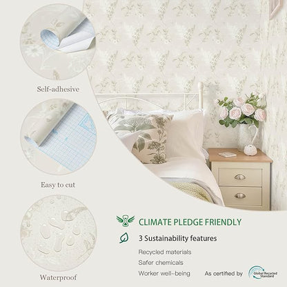 Heroad Beige Wallpaper Floral Peel and Stick Wallpaper Delicate Flower Contact Paper for Cabinets Drawers Waterproof Removable Wall Paper Self Adhesive Stick on Walls Decor Vinyl Roll 17.3''x78.7''