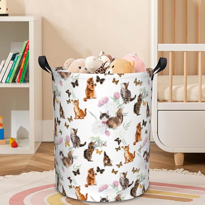 Laundry Basket Cats and Butterflies Laundry Basket Oxford Cloth Laundry Hamper Large Storage Baskets Toy Organizer Tote Bag For Bedroom Clothes Bathroom 17.3(H) x16.5(D) Inch