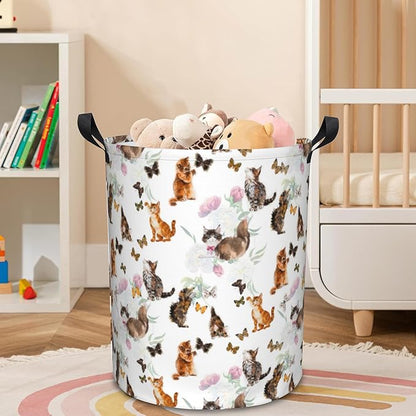 Laundry Basket Cats and Butterflies Laundry Basket Oxford Cloth Laundry Hamper Large Storage Baskets Toy Organizer Tote Bag For Bedroom Clothes Bathroom 17.3(H) x16.5(D) Inch