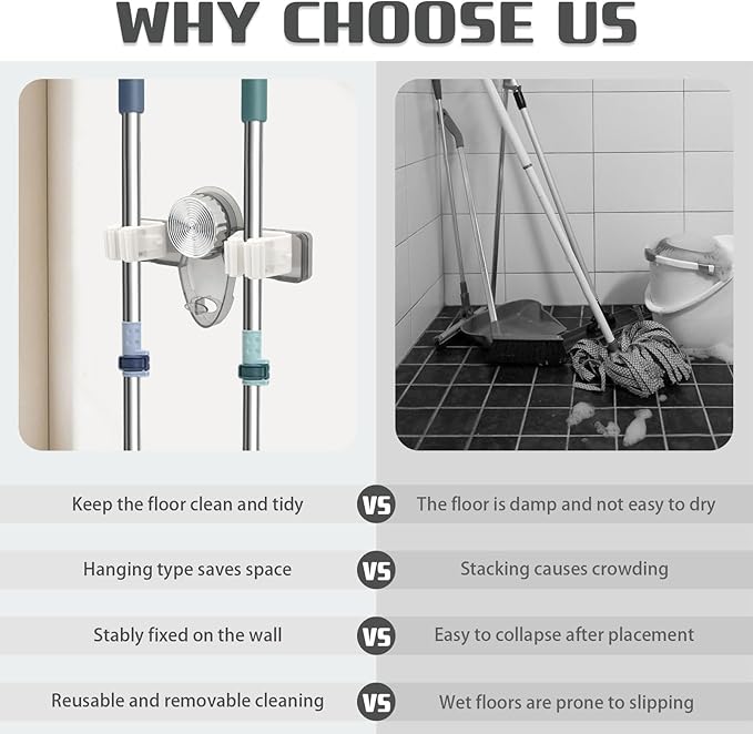 Self Adhesive Broom Holder Wall Mount, No Punching Heavy Duty Broom and Mop Organizer, Non-slip Mop Hanger with 2 Slots & 1 Hook for Bathroom Kitchen Laundry Room, Gray