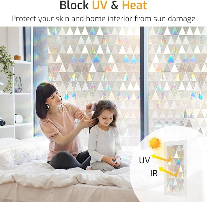 LUTE Window Privacy Film, Decorative Stained Glass Rainbow Window Clings, Sun Blocking Glass Covering, Renter-Friendly Static Cling Sticker Frosted Decals for Home Door Office, 17.5" x 118.1"