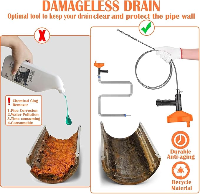 Drain Snake Auger (33 Feet), Plumbing Snake Drain Hair Clog Removal Tool, Sink Unclogger Drain Cleaner Tool for Bathroom Kitchen Tub Shower with Gloves
