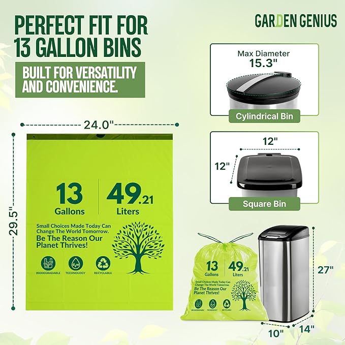 Biodegradable 13-Gallon Kitchen Waste Bags (50-Pack) | Strong, Heavy-Duty Tall Trash Bags w/Drawstring | Fits Most Standard 13-Gallon (49.21 L) Cans | Eco-Friendly D2W, 30 Microns Thick, 29.5" x 24"