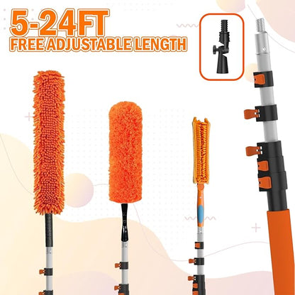 LAANPOLE 30FT Reach Ceiling Fan Cleaner Duster, Fan Blade Cleaner Kit with 5-24FT Extension Pole, Microfiber Duster & Replaceable Cleaning Cloth for Blades, Ceiling, Furniture