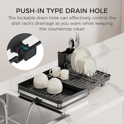 Sineng Expandable Dish Drying Rack,Stainless Steel Foldable Dish Rack with Cutlery Holder,Multifunctional Compact countertop Dish Drainer,Space Saving extendable Big Capacity Dish Holder