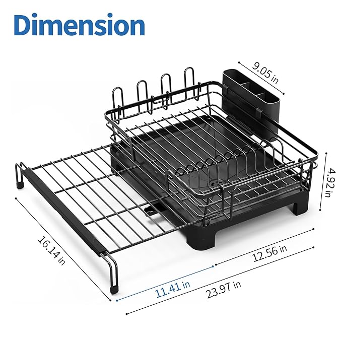 TOOLF Extendable Dish Drying Rack, 2 in 1 Multifunction Dish Rack for Kitchen Counter, Expandable Dish Drainer Over Sink, Large Plate Strainer with Drainboard & Cups Holder, Black