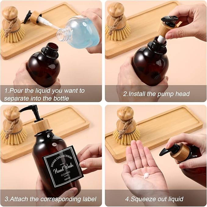 Zopeal 4 Pcs Kitchen Soap Dispenser Set with Bamboo Tray and Dish Brush Plastic Soap Dispenser Set with Waterproof Labels for Hand Dish Lotion(Brown)