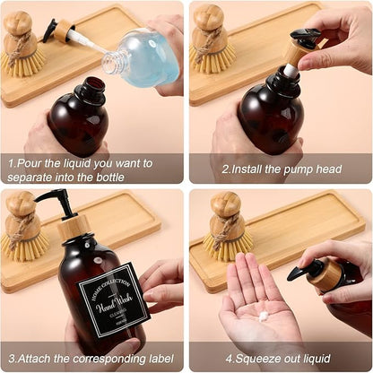 Zopeal 4 Pcs Kitchen Soap Dispenser Set with Bamboo Tray and Dish Brush Plastic Soap Dispenser Set with Waterproof Labels for Hand Dish Lotion(Brown)