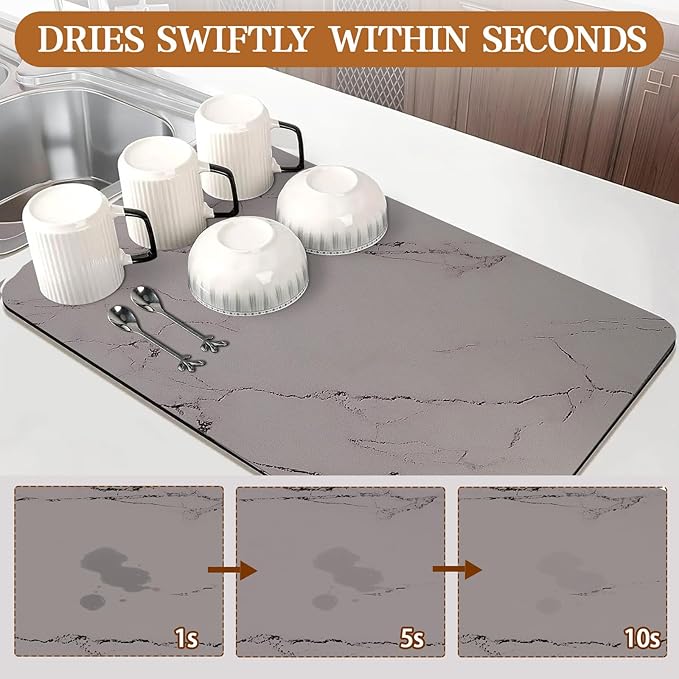 Dish Drying Mats for Kitchen Counter, 24"x16" Absorbent Coffee Bar Mat, Quick Dry Dish Rack Pad with Rubber Backed Non-Slip Marble Pattern Kitchen Counter Dish Draining Mat Easy to Clean (Gray)