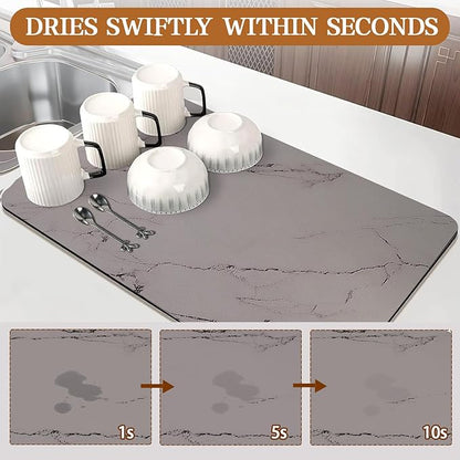 Dish Drying Mats for Kitchen Counter, 24"x16" Absorbent Coffee Bar Mat, Quick Dry Dish Rack Pad with Rubber Backed Non-Slip Marble Pattern Kitchen Counter Dish Draining Mat Easy to Clean (Gray)