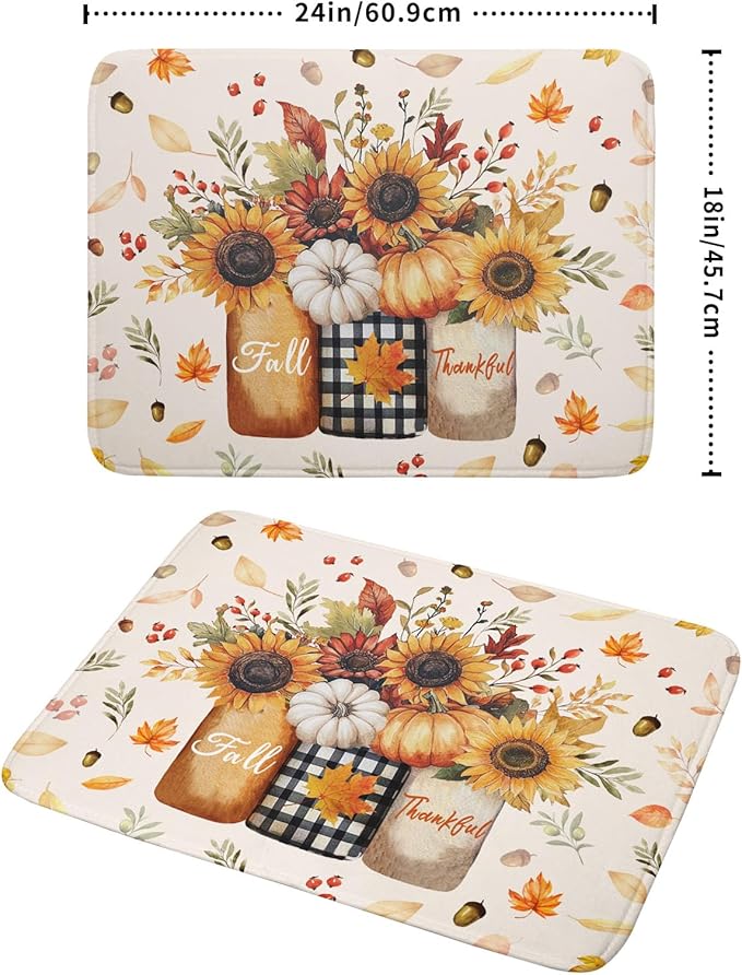 Autumn Sunflowers Vase Dish Drying Mat for Kitchen Counter,Fall Pumpkin Maple Leaves Drying Mat 18 x 24 Inch with High Absorbent Microfiber Dish Drying Drainer Mat for Coffee Bar