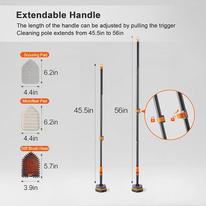 Tile Tub Scrubber Brush with 3 Different Function Cleaning Heads and 56" Extendable Long Handle-No Scratch Shower Scrubber for Cleaning Bathroom Kitchen Toilet Wall,Bathtub,Sink,Grey