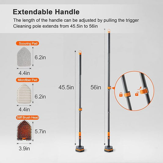 Tile Tub Scrubber Brush with 3 Different Function Cleaning Heads and 56" Extendable Long Handle-No Scratch Shower Scrubber for Cleaning Bathroom Kitchen Toilet Wall,Bathtub,Sink,Grey