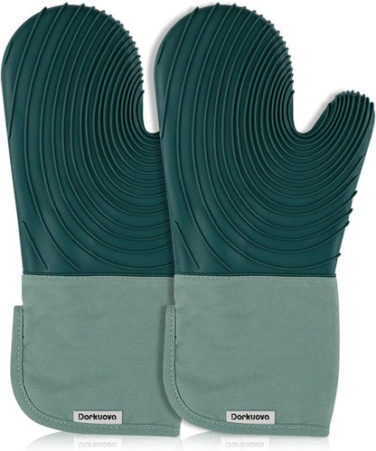 Silicone Oven Mitt Pack,Cotton Lined Gloves, BPA-Free, Long Cooking Mitts and Trivet Mats, Silicone Grilling Gloves for BBQ, 2 Pieces, (Green)