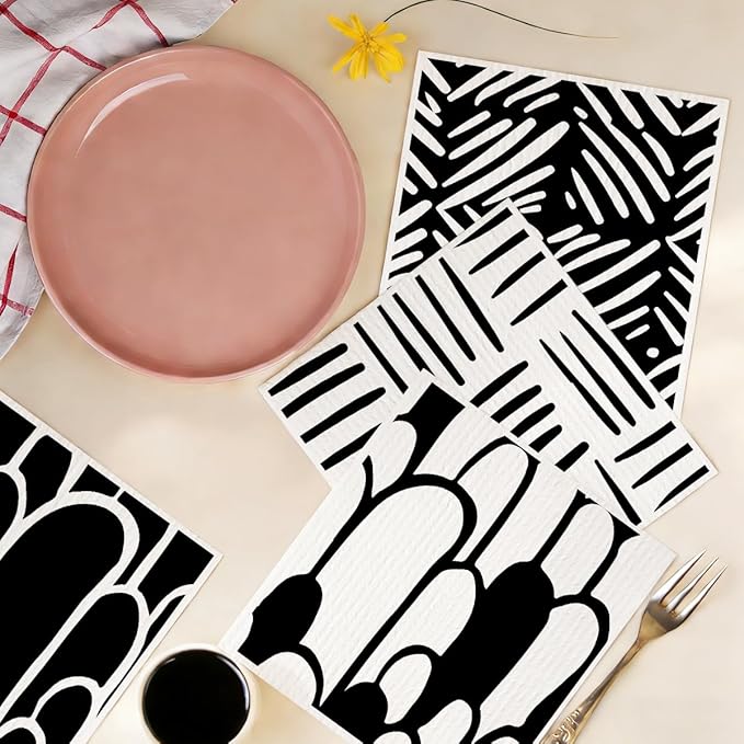 Swedish Dishcloths 6 Pack, Black White Geometric Reusable Paper Towel Alternatives, Washable Absorbent Cellulose Sponge Cloths No Odor, Kitchen Dish Washing Cloths, Kitchen Gifts for Women