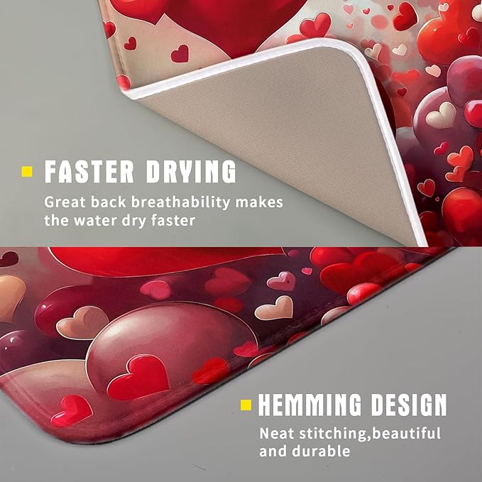 Valentines Day Dish Drying Mat for Kitchen Counter 18x16 Inch Red Heart Drying Mat with Absorbent Reversible Microfiber Holiday Love Dish Drainer Mats Rack Pad for Coffee Countertop Protector