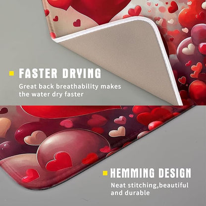 Valentines Day Dish Drying Mat for Kitchen Counter 18x16 Inch Red Heart Drying Mat with Absorbent Reversible Microfiber Holiday Love Dish Drainer Mats Rack Pad for Coffee Countertop Protector