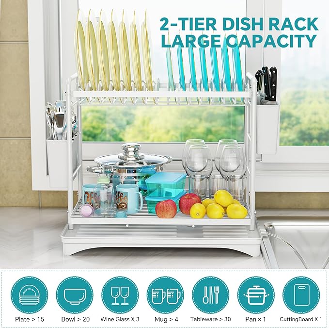 Simple Trending Dish Drying Rack, 2-Tier Dish Rack for Kitchen Counter, Large Dish Drainers Sink Organizers and Storage, White