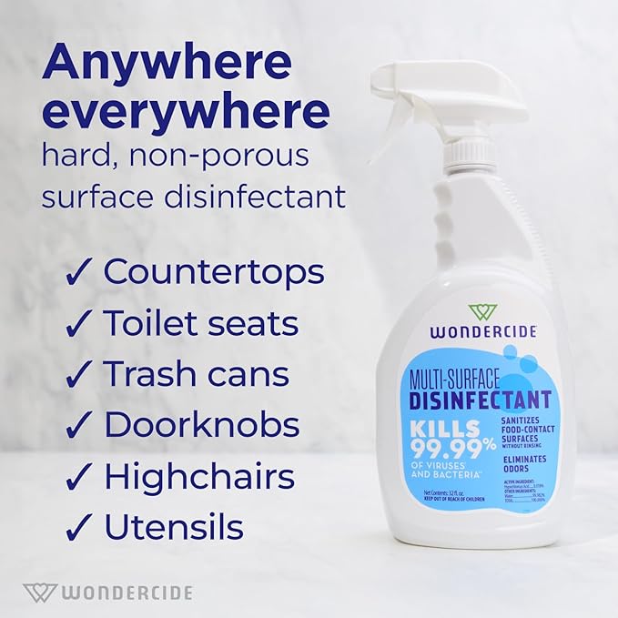 Wondercide - Multi-Surface Disinfectant Spray - Kills 99.99% Viruses & Bacteria - Fragrance Free Cleaner with Hypochlorous Acid for Home, Kitchen, Pet Areas - 32 fl oz