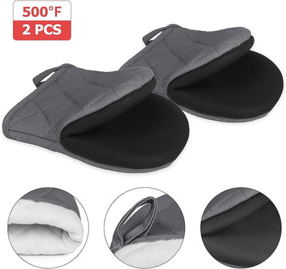 Short Oven Mitts, Heat Resistant 500°F, Silicone Grip Kitchen Gloves, Non-Slip for Baking, Grilling, BBQ, Machine Washable with Hanging Loop, 2-Pack Set, Cement Gray