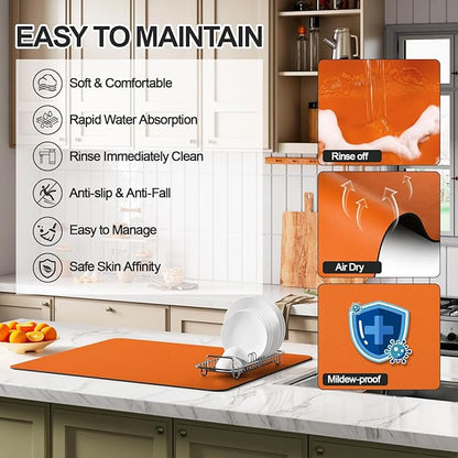 Ecotrim - Dish Drying Mat for Kitchen Counter | Coffee Bar Mat for Countertops | Heat Resistant Drainer Mat with Non-slip Rubber Backed | Hide Stain Kitchen Absorbent Draining Mat | Orange 18"x24"