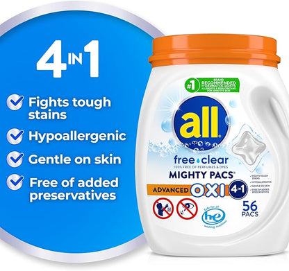 all Laundry Detergent Pacs, Mighty Pacs with OXI Stain Removers and Whiteners, Free Clear, Unscented and Dye Free, 56 Count