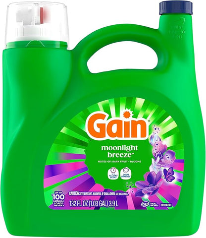Gain Liquid Laundry Detergent, Now with Odor Defense, Moonlight Breeze Scent, 132 fl oz, 100 Loads (Packaging May Vary)