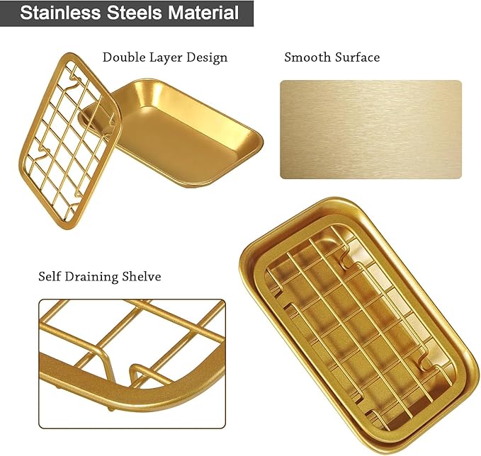 SheeChung Kitchen and Bathroom Soap Dish Tray - Metal Soap Dish Tray with Drainage Grid and Holder for Kitchen Sink Countertops to Store Soap, Sponges, Scrubbers - Rust Resistant (Gold)