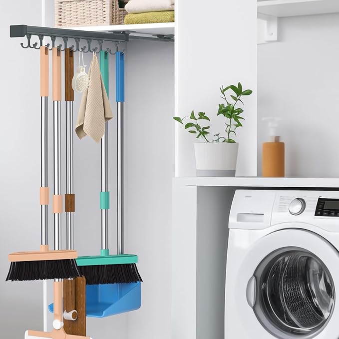 Pull Out Broom Holder, Multifunctional Slide Broom And Mop Storage/Organizer With Adjustable Double Row Sliding Hook, Garage Organization Hooks, for Closet Laundry Garage 46CM - grey - 46cm/18.11inch