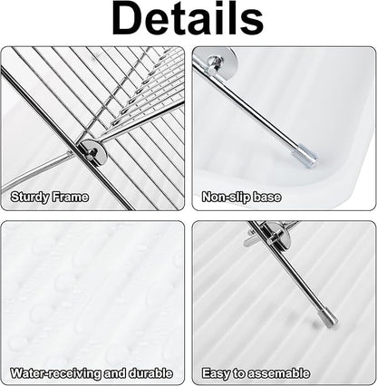 Foldable Dish Drainer, 2-Tier Stainless Steel Dish Drying Rack With Drip Tray and 5 Silicone Buckles, 13.3×10.6"Foldable Dish Drainer for Kitchen Sink, Countertop, Cutlery, Plates, and Dishes (White)