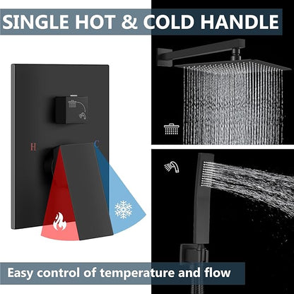 Aolemi Shower Faucet Set Rain Shower System with Handheld Spray Bathroom Shower Combo Rough-in Valve and Shower Trim Kit Included Matte Black 16 Inch Wall Mount Shower Head