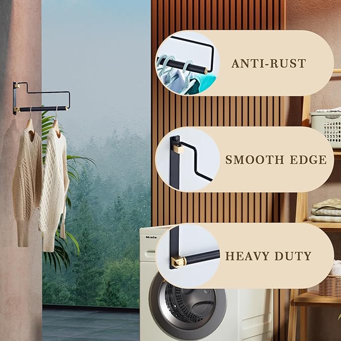 Folding Clothes Hanger Drying Rack Black Wall-Mounted Clothes Organizer for Laundry Room Closet Storage
