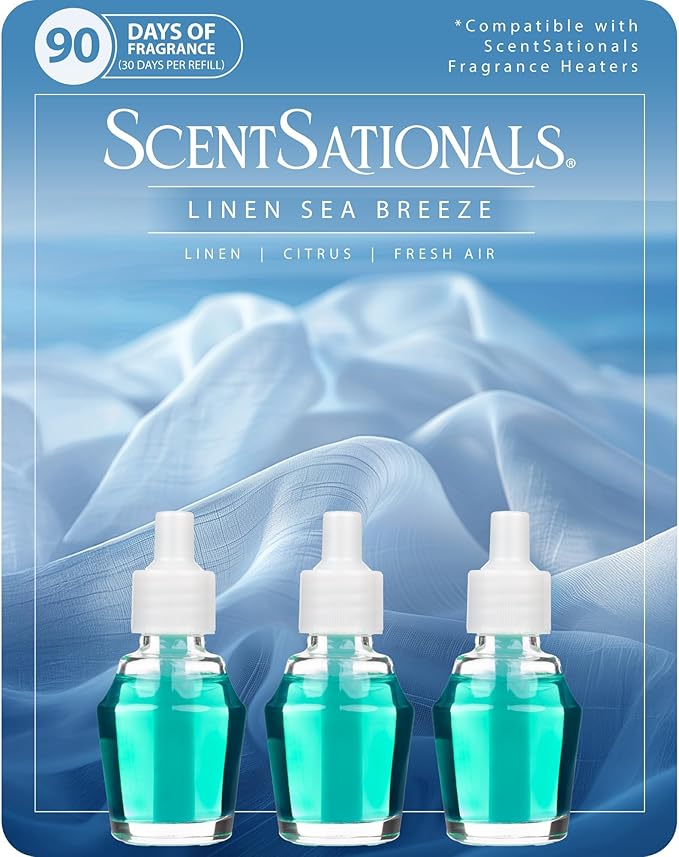 ScentSationals Linen Sea Breeze Fragrance Oil Plug In Air Freshener Refills 3-Pack - Works with Scentsationals Wall Plugs, Long-Lasting Home Fragrance, 0.8 fl oz Each, Packaging May Vary