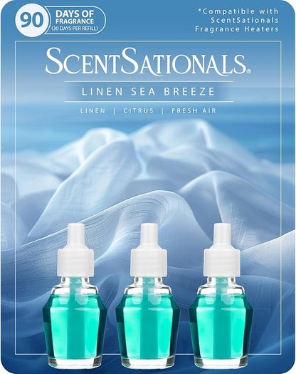 ScentSationals Linen Sea Breeze Fragrance Oil Plug In Air Freshener Refills 3-Pack - Works with Scentsationals Wall Plugs, Long-Lasting Home Fragrance, 0.8 fl oz Each, Packaging May Vary