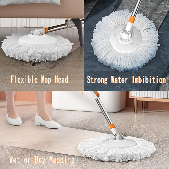Spin Mop Bucket with Wringer System Extended Mop Handle 61＂Mop and Bucket for Floors Cleaning with 5 Replacement Head Refill 1 Cleaning Brush Head