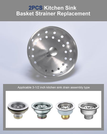 KONE 2PCS Kitchen Sink Basket Strainer Replacement for 3-1/2 Inch Standard Drains Brushed Stainless Steel Body Metal Center Knob with Rubber Stopper