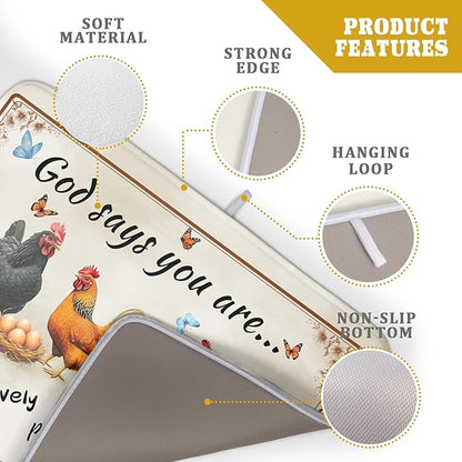 Farmhouse Rooster Dish Drying Mat - Vintage Chicken Absorbent Microfiber Dish Drying Pad for Kitchen Coffee Bar