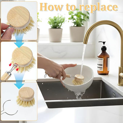 9 Pcs Bamboo Dish Brush Set Wooden Dish Brush with Sisal and Palm Fiber Natural Wooden Kitchen Brushs Practical Dishs Cleaning Brushs Sets for Pots Pans Bottle Sink Vegetables Household Cleaning