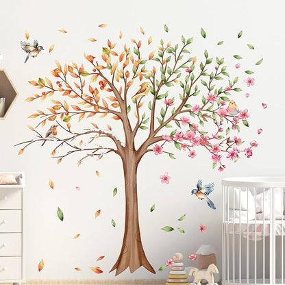 3 Sheets Large Tree Wall Decals Stickers Removable Floral Murals Peel and Stick Colorful Tree of Life Art Vinyl Living Room Decor with Flowers & Birds for Classroom Girls Bedroom Kids Nursery Office