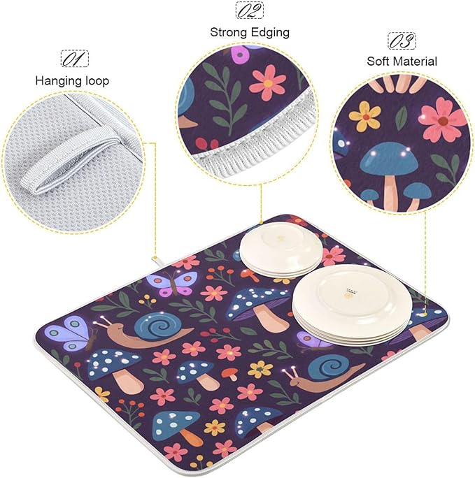 Mushroom with Snails Dish Drying Mat Absorbent Kitchen Pads for Counter Kitchen Dish Dryer 18 x 24 Mat under Dish Drainer