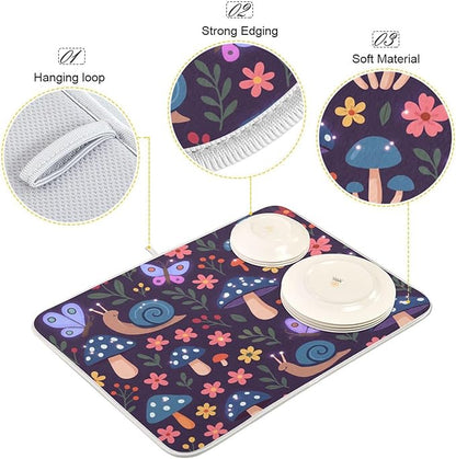 Mushroom with Snails Dish Drying Mat Absorbent Kitchen Pads for Counter Kitchen Dish Dryer 18 x 24 Mat under Dish Drainer