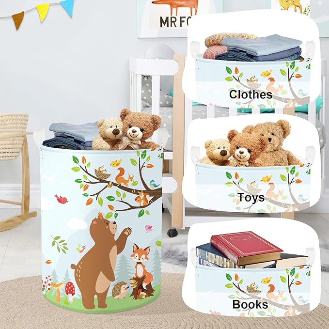 Forest Animals Laundry Hamper Woodland Tree Large Storage Basket Parents Organizer Kids Clothes Toy Bins for Bedroom, Bathroom, Hedgehog, 63L