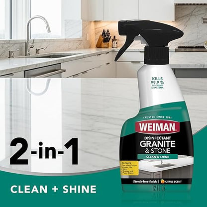 Weiman Disinfectant Granite Daily Clean & Shine - 12 fl oz (2 Pack) Safely Clean Disinfect and Shine Granite Marble Soapstone Quartz Quartzite Slate Limestone Corian Laminate Tile Countertop