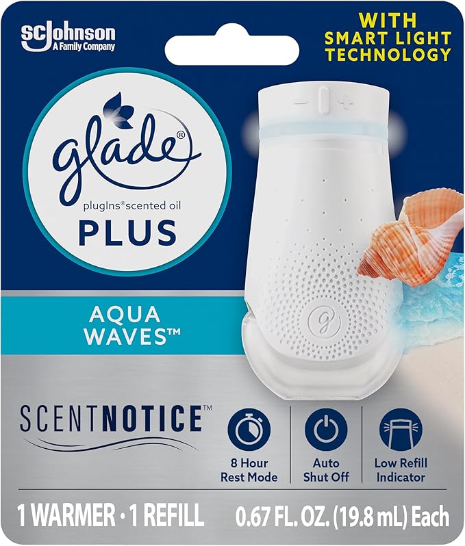 Glade PlugIn Plus Air Freshener Starter Kit, Scented Oil for Home and Bathroom, Aqua Waves, 0.67 Fl Oz, 1 Warmer + 1 Refill