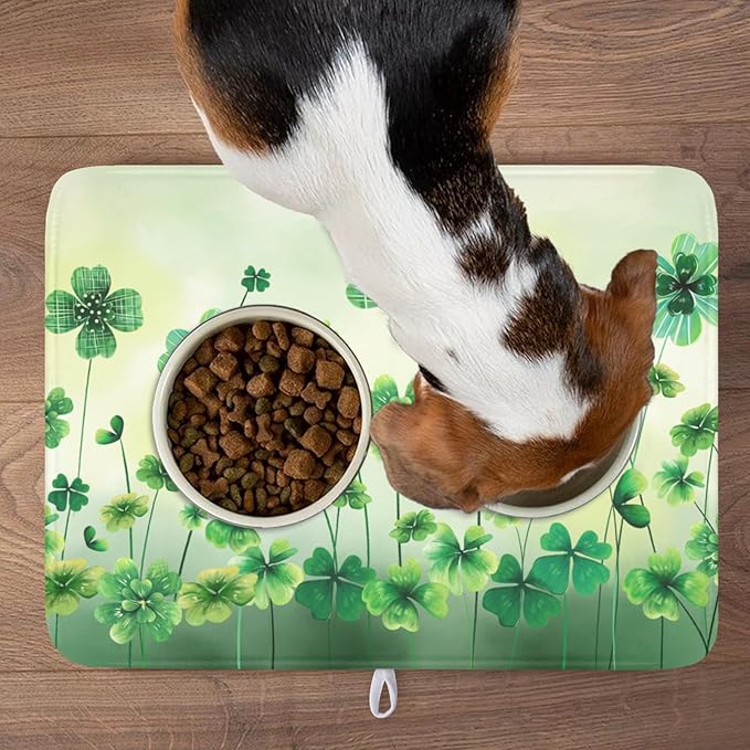St Patrick's Day Dish Drying Mat for Kitchen Counter Green Lucky Shamrock Pattern Drying Mat 18x24 Inch Spring Holiday Absorbent Dish Drainer Mat Kitchen Accessories
