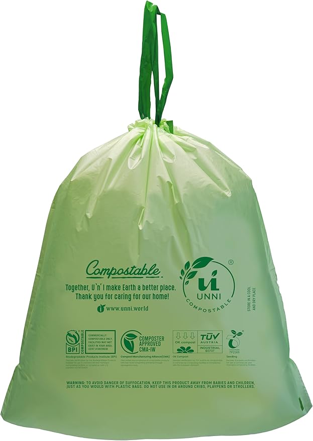 UNNI Compostable Drawstring Bags, 5.2 Gallon, 20 Liter, 60 Count, Heavy Duty 1 Mil, Small Kitchen Food Scrap Waste Bags, ASTM D6400, US BPI, CMA & Europe OK compost Certified, San Francisco