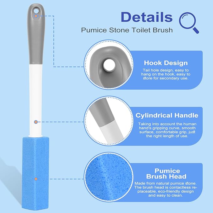 4 Pack Toilet Pumice Stone with Extra Long Handle,Pumice Stone Toilet Bowl Cleaner,1 Cleaning Handle, 4 No Touch Replaceable Piedra Pomez for Cleaning Toilets, Bathtubs, Grills, Sinks(Blue)