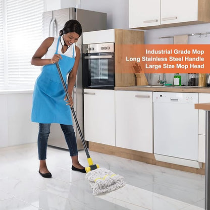 KeFanta Commercial Heavy Duty Industrial Mop with Extra Replacement Mop Head,60" Long Handle Looped-End String Wet Cotton Mops for Floor Cleaning,Home,Kitchen,Office,Garage and Concrete/Tile Floor
